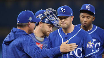 TORONTO, ON - APRIL 17: Kevin McCarthy #61 of the Kansas City Royals exits the game as he is relieved by manager Ned Yost #3 in the ninth inning during MLB game action against the Toronto Blue Jays at Rogers Centre on April 17, 2018 in Toronto, Canada. (Photo by Tom Szczerbowski/Getty Images)