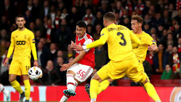 LONDON, ENGLAND - OCTOBER 03: Gabriel Martinelli of Arsenal scores his team's second goal during the UEFA Europa League group F match between Arsenal FC and Standard Liege at Emirates Stadium on October 03, 2019 in London, United Kingdom. (Photo by Dan Istitene/Getty Images)