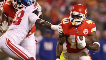 KANSAS CITY, MISSOURI - NOVEMBER 01: Derrick Gore #40 of the Kansas City Chiefs carries the ball during the first half against the New York Giants at Arrowhead Stadium on November 01, 2021 in Kansas City, Missouri. (Photo by Jamie Squire/Getty Images)
