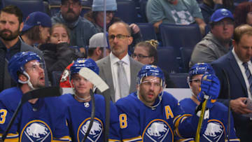 Sep 27, 2022; Buffalo, New York, USA; Buffalo Sabres head coach Dan Granato watches his team during the first period against the Philadelphia Flyers at KeyBank Center. Mandatory Credit: Timothy T. Ludwig-USA TODAY Sports