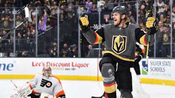 LAS VEGAS, NEVADA - JANUARY 02: Jon Merrill #15 of the Vegas Golden Knights celebrates after scoring a goal during the first period against the Philadelphia Flyers at T-Mobile Arena on January 02, 2020 in Las Vegas, Nevada. (Photo by Jeff Bottari/NHLI via Getty Images)