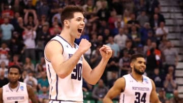 SALT LAKE CITY, UT - MARCH 16: Bryant McIntosh #30 of the Northwestern Wildcats celebrates with teammates after defeating the Vanderbilt Commodores during the first round of the 2017 NCAA Men's Basketball Tournament at Vivint Smart Home Arena on March 16, 2017 in Salt Lake City, Utah. (Photo by Christian Petersen/Getty Images)
