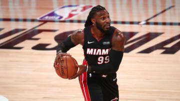 Sep 19, 2020; Lake Buena Vista, Florida, USA; Miami Heat forward Jae Crowder (99) controls the ball against the Boston Celtics during the first half of game three of the Eastern Conference Finals of the 2020 NBA Playoffs at ESPN Wide World of Sports Complex. Mandatory Credit: Kim Klement-USA TODAY Sports