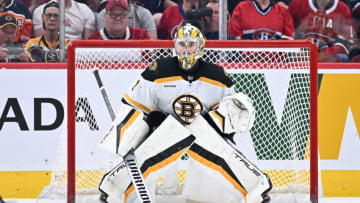 MONTREAL, CANADA - APRIL 13: Jeremy Swayman #1 of the Boston Bruins tends net during the third period against the Montreal Canadiens at Centre Bell on April 13, 2023 in Montreal, Quebec, Canada. The Boston Bruins defeated the Montreal Canadiens 5-4. (Photo by Minas Panagiotakis/Getty Images)