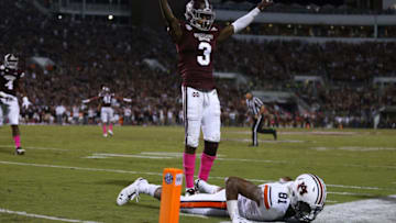 STARKVILLE, MS - OCTOBER 06: Cameron Dantzler #3 of the Mississippi State Bulldogs reacts after breaking up a pass intended for Darius Slayton #81 of the Auburn Tigers during the second half at Davis Wade Stadium on October 6, 2018 in Starkville, Mississippi. (Photo by Jonathan Bachman/Getty Images)