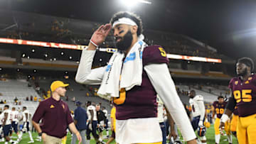 TEMPE, AZ - SEPTEMBER 01: Quarterback Manny Wilkins #5 of the Arizona State Sun Devils salutes after defeating the UTSA Roadrunners at Sun Devil Stadium on September 1, 2018 in Tempe, Arizona. The Arizona State Sun Devils won 49-7. (Photo by Jennifer Stewart/Getty Images)
