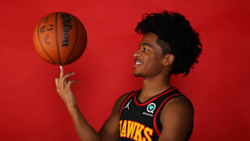 ATLANTA, GA - SEPTEMBER 27: Sharife Cooper #2 of the Atlanta Hawks poses for a portrait during media day at PC&E Atlanta on September 27, 2021 in Atlanta, Georgia. (Photo by Todd Kirkland/Getty Images)