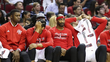Apr 7, 2016; Houston, TX, USA; The Houston Rockets players react from the bench after a play during the fourth quarter against the Phoenix Suns at Toyota Center. The Suns won 124-115. Mandatory Credit: Troy Taormina-USA TODAY Sports
