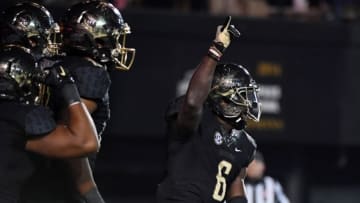 Nov 26, 2016; Nashville, TN, USA; Vanderbilt Commodores receiver Darrius Sims (6) celebrates after a touchdown during the second half against the Tennessee Volunteers at Vanderbilt Stadium. Vanderbilt won 45-34. Mandatory Credit: Christopher Hanewinckel-USA TODAY Sports