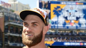 Jul 12, 2016; San Diego, CA, USA; National League outfielder Bryce Harper (34) of the Washington Nationals before the 2016 MLB All Star Game at Petco Park. Mandatory Credit: Kirby Lee-USA TODAY Sports