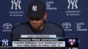 New York Yankees star Alex Rodriguez announces his retirement at a press conference on Sunday, August 7, 2016.