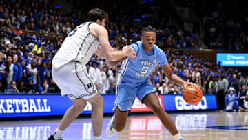 Armando Bacot plays against the Duke basketball team (Photo by Grant Halverson/Getty Images)
