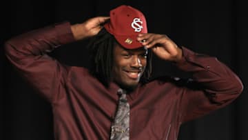 ROCK HILL, SC - FEBRUARY 14: Jadeveon Clowney announces his college football commitment to the University of South Carolina Gamecocks during a press conference at South Pointe High School on February 14, 2011 in Rock Hill, South Carolina. (Photo by Streeter Lecka/Getty Images)