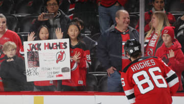 NEWARK, NEW JERSEY - DECEMBER 18: Jack Hughes #86 of the New Jersey Devils skates in warm-ups prior to the game against the Anaheim Ducks at the Prudential Center on December 18, 2019 in Newark, New Jersey. (Photo by Bruce Bennett/Getty Images)