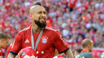 FILED - 12.05.2018, Germany, Munich: Soccer: Bundesliga, Bayern Munich - VfB Stuttgart, 34th matchday at the Allianz Arena. Arturo Vidal of FC Bayern Munich walks across the pitch during the celebration. (to dpa "Reports: Vidal before transfer from FC Bayern to Inter Milan" of 31.07.2018) Photo: Matthias Balk/dpa (Photo by Matthias Balk/picture alliance via Getty Images)