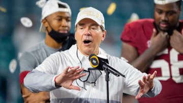 Jan 11, 2021; Miami Gardens, Florida, USA; Alabama Crimson Tide head coach Nick Saban celebrates after defeating the Ohio State Buckeyes in the 2021 College Football Playoff National Championship Game. Mandatory Credit: Mark J. Rebilas-USA TODAY Sports