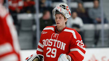 PROVIDENCE, RI - MARCH 4: Drew Commesso #29 of the Boston University Terriers tends goal against the Providence College Friars during an NCAA hockey game at the Schneider Arena on March 4, 2023 in Providence, Rhode Island. The Terriers won 2-0. (Photo by Richard T Gagnon/Getty Images)