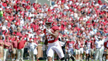 TUSCALOOSA, ALABAMA - APRIL 22: Justice Haynes #22 of the Crimson Team runs for a Touchdown during the second half of the Alabama Spring Football Game at Bryant-Denny Stadium on April 22, 2023 in Tuscaloosa, Alabama. (Photo by Brandon Sumrall/Getty Images)