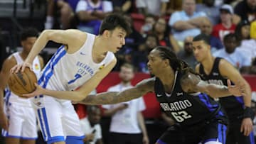 Chet Holmgren #7 of the Oklahoma City Thunder is guarded by Emanuel Terry #62 of the Orlando Magic during the 2022 NBA Summer League at the Thomas & Mack Center on July 11, 2022 in Las Vegas, Nevada. (Photo by Ethan Miller/Getty Images)