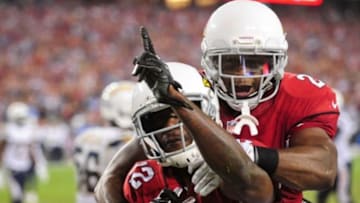 Sep 8, 2014; Glendale, AZ, USA; Arizona Cardinals wide receiver John Brown (12) celebrates with running back Jonathan Dwyer (20) after scoring a 13 yard touchdown during the second half against the San Diego Chargers at University of Phoenix Stadium. Mandatory Credit: Matt Kartozian-USA TODAY Sports