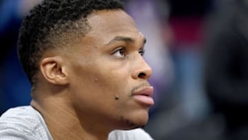 SACRAMENTO, CA - JANUARY 15: Russell Westbrook #0 of the Oklahoma City Thunder looks on from the bench during pregame warm ups prior to the start of an NBA basketball game against the Sacramento Kings at Golden 1 Center on January 15, 2017 in Sacramento, California. NOTE TO USER: User expressly acknowledges and agrees that, by downloading and or using this photograph, User is consenting to the terms and conditions of the Getty Images License Agreement. (Photo by Thearon W. Henderson/Getty Images)