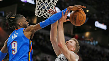 Oklahoma City Thunder big Nerlens Noel (#9) blocks a shot. (Photo by Ronald Cortes/Getty Images)