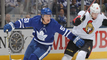 TORONTO, ON - OCTOBER 6: Ryan Dzingel #18 of the Ottawa Senators tries to slip past jake Gardiner #51 of the Toronto Maple Leafs during an NHL game at Scotiabank Arena on October 6, 2018 in Toronto, Ontario, Canada. The Senators defeated the Maple Leafs 5-3.(Photo by Claus Andersen/Getty Images)