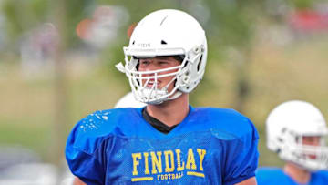 Aug 4, 2022; Findlay, OH, USA; Findlay offensive lineman Luke Montgomery, who is committed to Ohio State, practices at Findlay High School on August 4, 2022.Ceb Osufb Montgomery Kwr 04