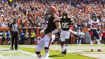 Sep 19, 2021; Cleveland, Ohio, USA; Cleveland Browns quarterback Baker Mayfield (6) celebrates his touchdown run against the Houston Texans during the second quarter at FirstEnergy Stadium. Mandatory Credit: Scott Galvin-USA TODAY Sports