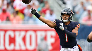 Sep 11, 2022; Chicago, Illinois, USA; Chicago Bears quarterback Justin Fields (1) throws a pass against the San Francisco 49ers during the second half at Soldier Field. Mandatory Credit: Mike Dinovo-USA TODAY Sports