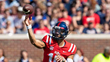 OXFORD, MS - SEPTEMBER 8: Jordan Ta'amu #10 of the Mississippi Rebels throws a pass against the Southern Illinois Salukis during the first half at Vaught-Hemingway Stadium on September 8, 2018 in Oxford, Mississippi. (Photo by Wesley Hitt/Getty Images)