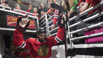 CHICAGO, IL - FEBRUARY 23: Anthony Duclair #91 of the Chicago Blackhawks walks out to the ice prior to the game against the San Jose Sharks at the United Center on February 23, 2018 in Chicago, Illinois. (Photo by Bill Smith/NHLI via Getty Images)