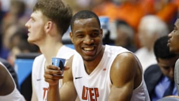 Jan 10, 2015; El Paso, TX, USA; UTEP Miners forward Vince Hunter (32) smiles from the bench as his team faces the Southern Miss Golden Eagles at the Don Haskins Center. The Miners defeated the Golden Eagles 74-40. Mandatory Credit: Ivan Pierre Aguirre-USA TODAY Sports