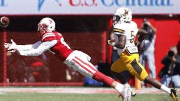 Sep 10, 2016; Lincoln, NE, USA; Nebraska Cornhuskers receiver Brandon Reilly (88) catches the pass against Wyoming Cowboys cornerback Rico Gafford (5) in the second half at Memorial Stadium. Nebraska won 52-17. Mandatory Credit: Bruce Thorson-USA TODAY Sports