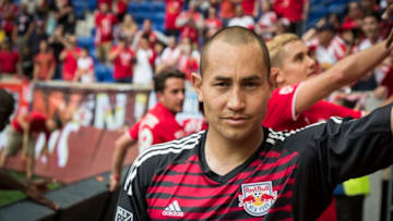 HARRISON, NJ - MAY 5 : Luis Robles #31 of New York Red Bulls comes over to the fans after the New York Derby Major League Soccer match between New York City FC and New York Red Bulls at Red Bull Arena on May 5, 2018 in Harrison, NJ. New York Red Bulls won the match with a score of 4 to 0. (Photo by Ira L. Black/Corbis via Getty Images)