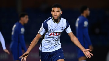 KINGSTON UPON THAMES, ENGLAND - DECEMBER 14: Dane Scarlett of Tottenham Hotspur celebrates scoring the second goal during the Premier League 2 match between Chelsea and Tottenham Hotspur at Kingsmeadow on December 14, 2020 in Kingston upon Thames, England. (Photo by Justin Setterfield/Getty Images)