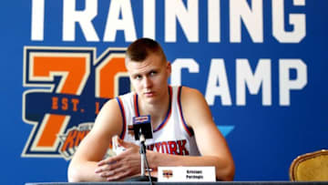 Sep 26, 2016; White Plains, NY, USA; New York Knicks power forward Kristaps Porzingis addresses the media during the New York Knicks Media Day at Ritz-Carlton. Mandatory Credit: Andy Marlin-USA TODAY Sports