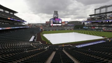 Jun 24, 2018; Denver, CO, USA; A general view of the stadium while the tarp covers the field prior to a game between the Miami Marlins and the Colorado Rockies at Coors Field. Mandatory Credit: Russell Lansford-USA TODAY Sports