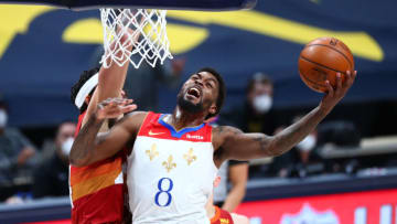 DENVER, CO - APRIL 28: Naji Marshall #8 of the New Orleans Pelicans rises toward the basket against the Denver Nuggets during the fourth quarter at Ball Arena on April 28, 2021 in Denver, Colorado. NOTE TO USER: User expressly acknowledges and agrees that, by downloading and or using this photograph, User is consenting to the terms and conditions of the Getty Images License Agreement. (Photo by C. Morgan Engel/Getty Images)