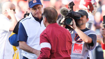 Nov 30, 2019; Auburn, AL, USA; Auburn football head coach Gus Malzahn greets Alabama Crimson Tide head coach Nick Saban before the game between the Auburn Tigers and the Alabama Crimson Tide at Jordan-Hare Stadium. Mandatory Credit: John David Mercer-USA TODAY Sports
