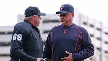 DETROIT, MI - APRIL 26: Cleveland Indians manager Terry Francona #17 challenges a call with home plate umpire Jim Joyce during the second inning of the game against the Detroit Tigers on April 26, 2015 at Comerica Park in Detroit, Michigan. (Photo by Leon Halip/Getty Images)
