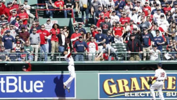 Apr 13, 2015; Boston, MA, USA; Boston Red Sox center fielder Mookie Betts (50) makes the catch against the Washington Nationals in the first inning at Fenway Park. Mandatory Credit: David Butler II-USA TODAY Sports