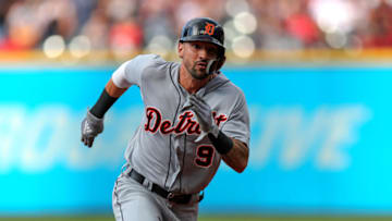 CLEVELAND, OH - JUNE 23: Detroit Tigers right fielder Nicholas Castellanos (9) advances from first to third on a single to right during the first inning of the Major League Baseball game between the Detroit Tigers and Cleveland Indians on June 23, 2018, at Progressive Field in Cleveland, OH. (Photo by Frank Jansky/Icon Sportswire via Getty Images)