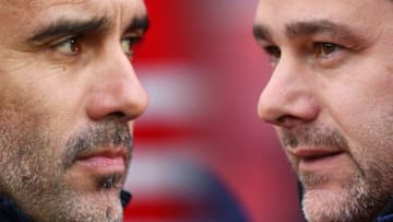 FILE PHOTO (EDITORS NOTE: COMPOSITE OF IMAGES - Image numbers 1089388290,942986596 - GRADIENT ADDED) In this composite image a comparison has been made between Pep Guardiola, (L) manager of Manchester City and Mauricio Pochettino, Manager of Tottenham Hotspur . Manchester City and Tottenham Hotspur meet in a Premier League fixture on August 17, 2019 at the Etihad Stadium in Manchester. ***LEFT IMAGE*** SOUTHAMPTON, ENGLAND - DECEMBER 30: Pep Guardiola, manager of Manchester City looks on before the Premier League match between Southampton FC and Manchester City at St Mary's Stadium on December 30, 2018 in Southampton, United Kingdom. (Photo by Dan Istitene/Getty Images) ***RIGHT IMAGE*** STOKE ON TRENT, ENGLAND - APRIL 07: Mauricio Pochettino, Manager of Tottenham Hotspur looks on prior to the Premier League match between Stoke City and Tottenham Hotspur at Bet365 Stadium on April 7, 2018 in Stoke on Trent, England. (Photo by Gareth Copley/Getty Images)