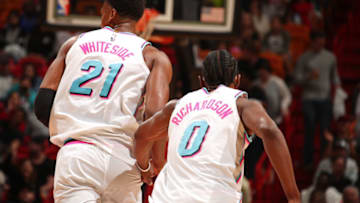 Hassan Whiteside #21 of the Miami Heat and Josh Richardson #0 of the Miami Heat(Photo by Issac Baldizon/NBAE via Getty Images)