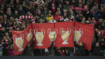 LIVERPOOL, ENGLAND - NOVEMBER 03: Liverpool fans wave a banner displaying their European Cup and Champions League victories before the UEFA Champions League group B match between Liverpool FC and Atletico Madrid at Anfield on November 3, 2021 in Liverpool, United Kingdom. (Photo by Visionhaus/Getty Images)