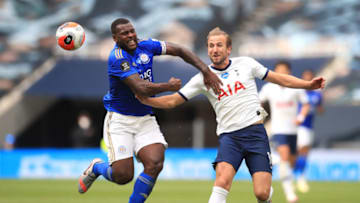 LONDON, ENGLAND - JULY 19: Wes Morgan of Leicester City battles for possession with Harry Kane of Tottenham Hotspur. (Photo by Adam Davy/Pool via Getty Images)
