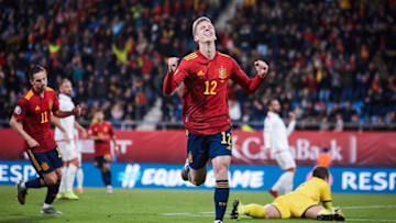 CADIZ, SPAIN - NOVEMBER 15: Dani Olmo of Spain celebrates scoring his team's fifth goal during the UEFA Euro 2020 Qualifier between Spain and Malta on November 15, 2019 in Cadiz, Spain. (Photo by Quality Sport Images/Getty Images)