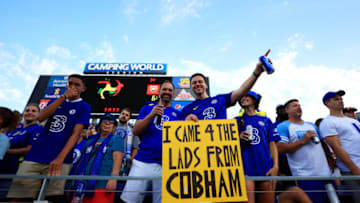 ORLANDO, FLORIDA - JULY 23: Chelsea fans show their support prior to the Florida Cup match between Chelsea and Arsenal at Camping World Stadium on July 23, 2022 in Orlando, Florida. (Photo by Mike Ehrmann/Getty Images)