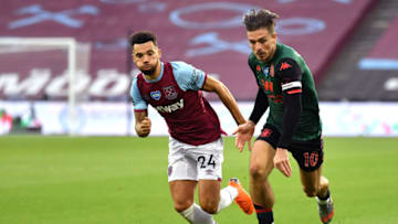 LONDON, ENGLAND - JULY 26: Ryan Fredericks of West Ham United and Jack Grealish of Aston Villa during the Premier League match between West Ham United and Aston Villa at London Stadium on July 26, 2020 in London, England. (Photo by Justin Setterfield/Getty Images)